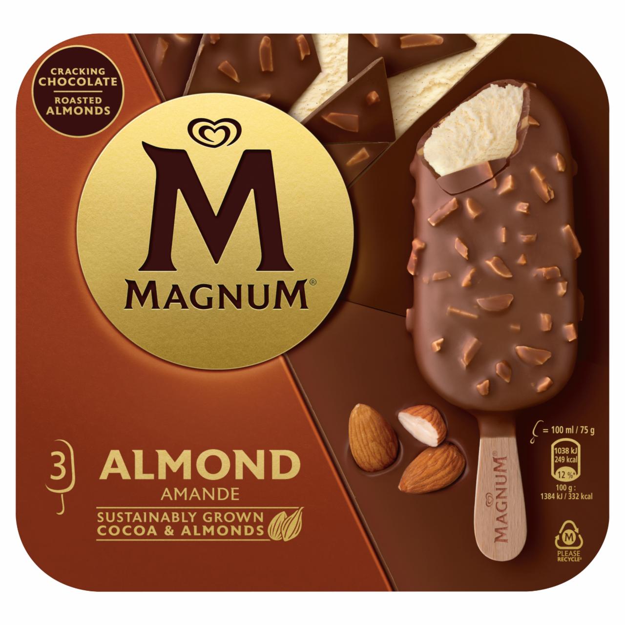 Képek - Magnum Almond vaníliás jégkrém tejcsokoládé bevonattal és manduladarabkákkal 3 x 100 ml (300 ml)