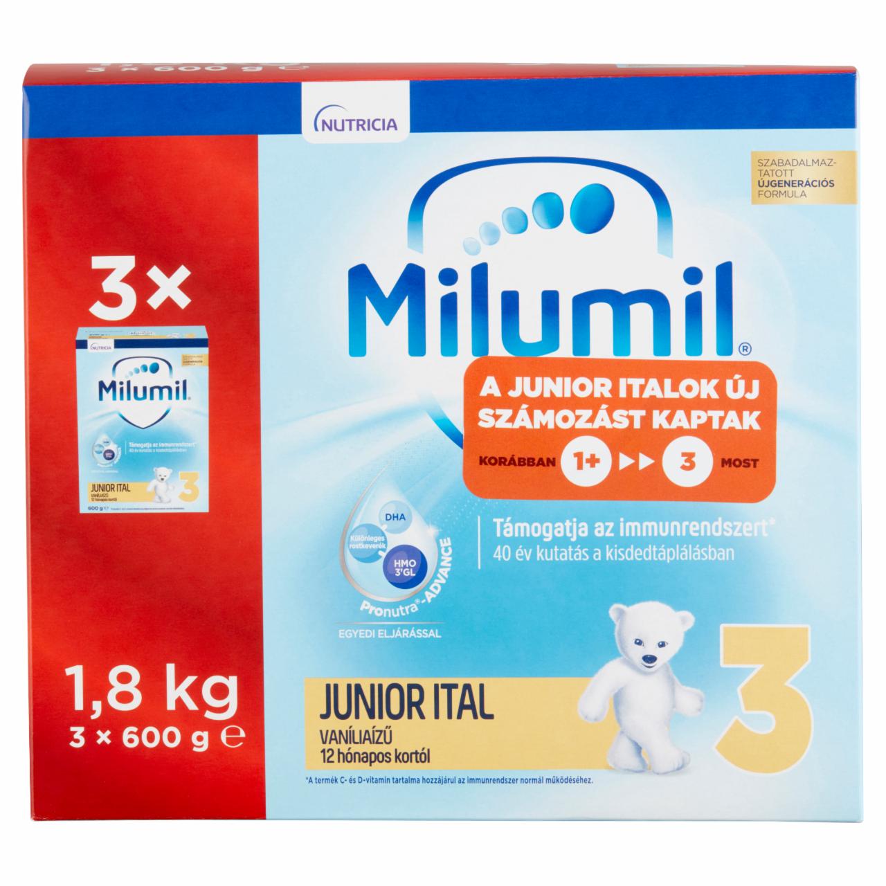 Képek - Milumil 3 Vaníliaízű Junior ital 12 hónapos kortól 3 x 600 g (1,8 kg)