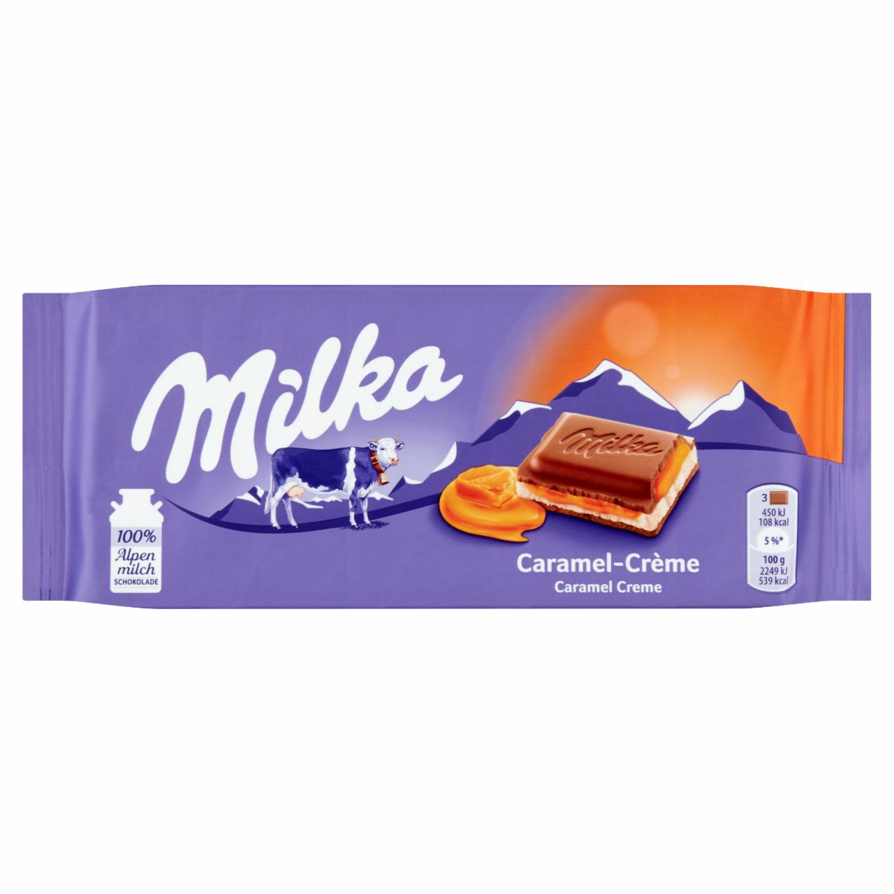 Képek - Milka alpesi tejcsokoládé karamellízű tejes krémtöltelékkel és karamellás töltelékkel 100 g