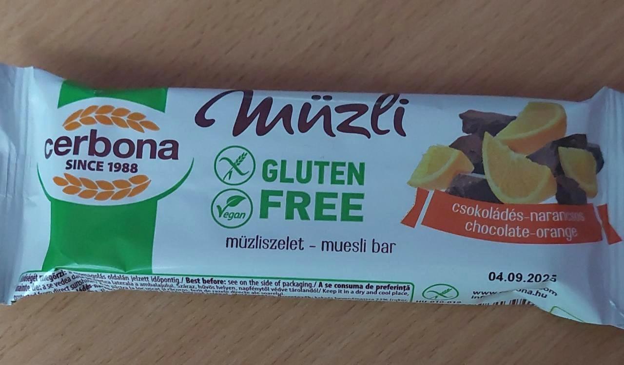Képek - Cerbona gluténmentes csokoládés-narancsos müzliszelet kakaós bevonó talppal 35 g