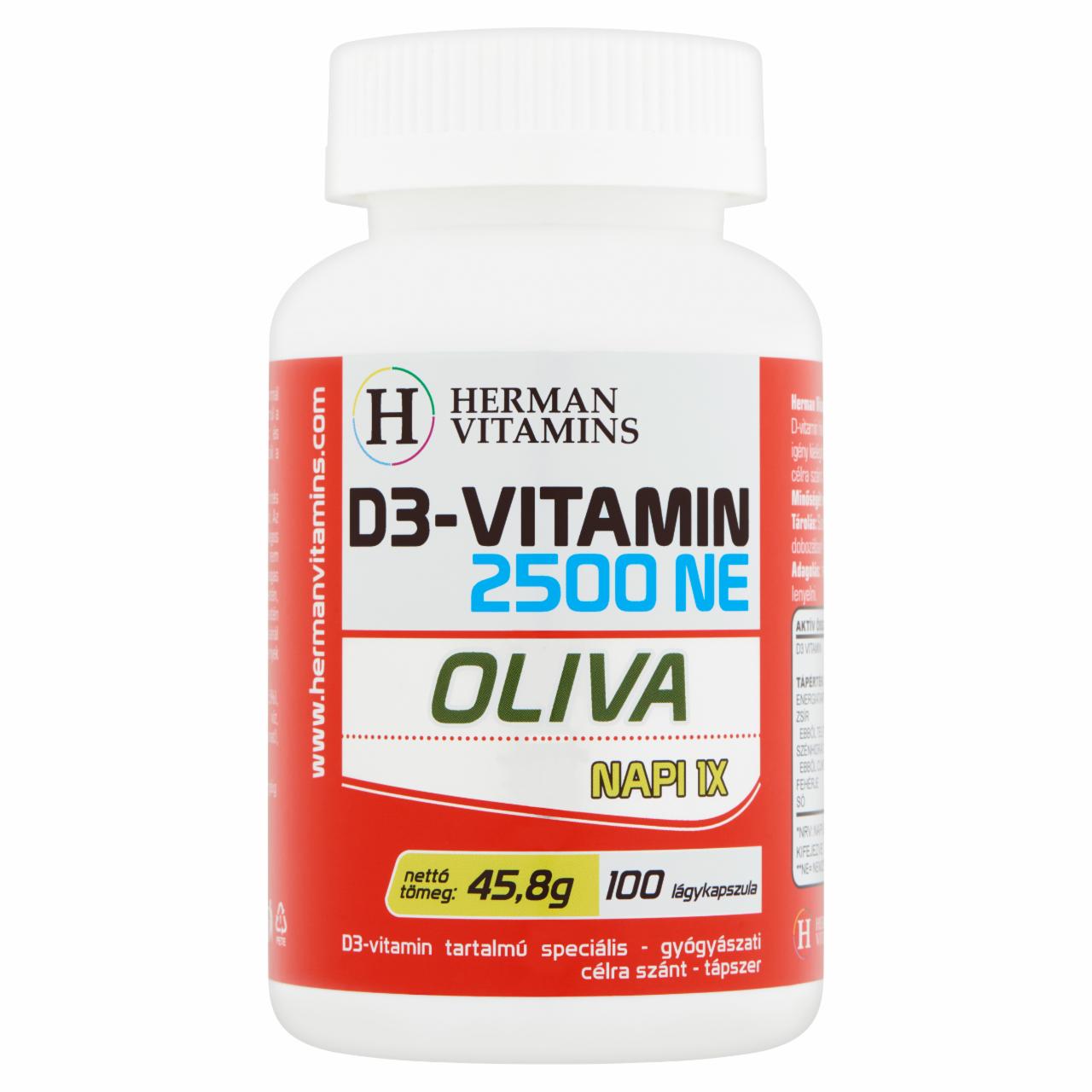 Képek - Herman Vitamins D3-vitamin 2500 NE Olíva speciális tápszer 100 db 45,8 g
