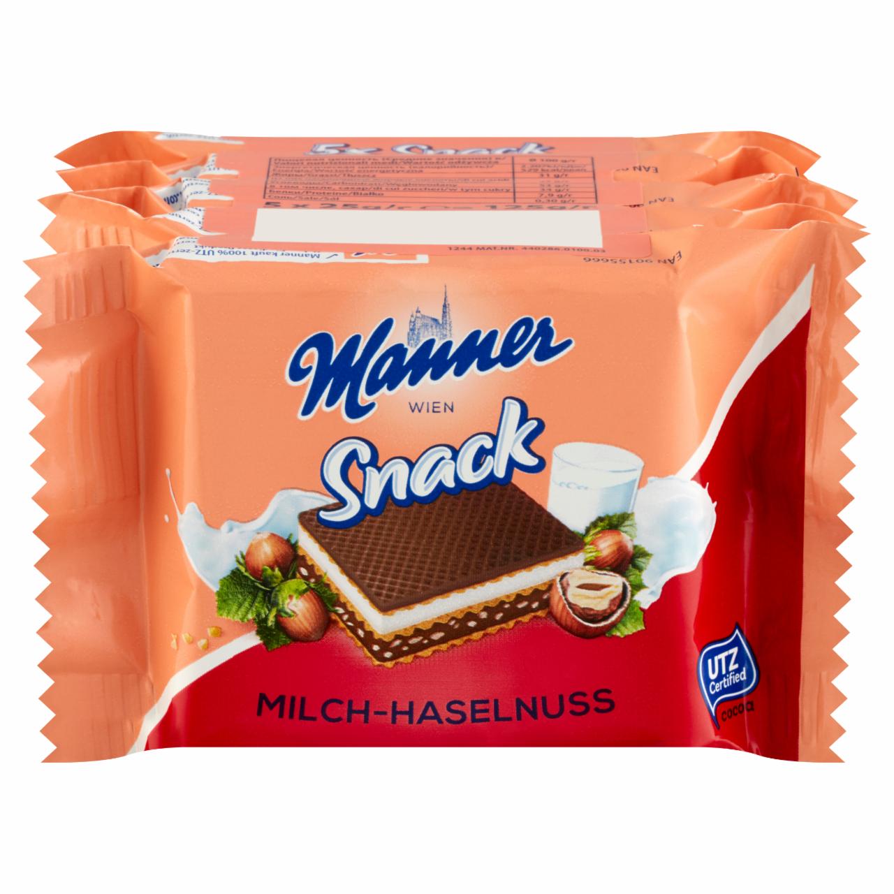 Képek - Manner Snack ropogós ostyaszelet mogyorós és tejes krémtöltelékkel 5 x 25 g