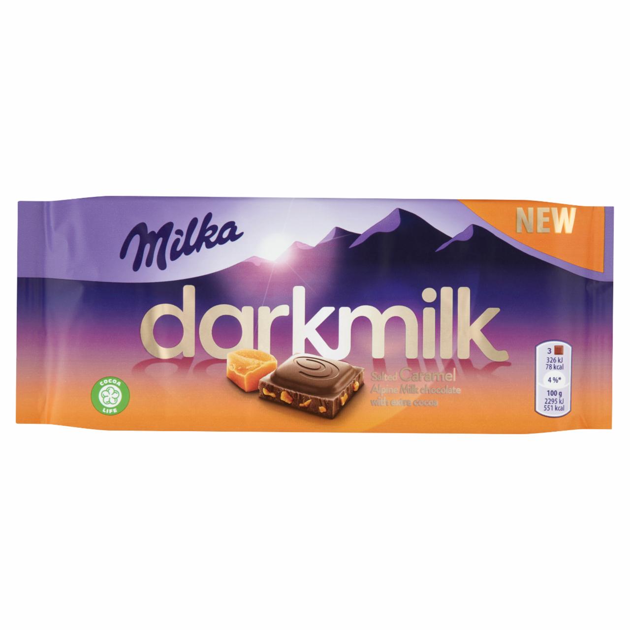 Képek - Milka Darkmilk magas kakaótartalmú alpesi tejcsokoládé finoman sózott karamelldarabokkal 85 g