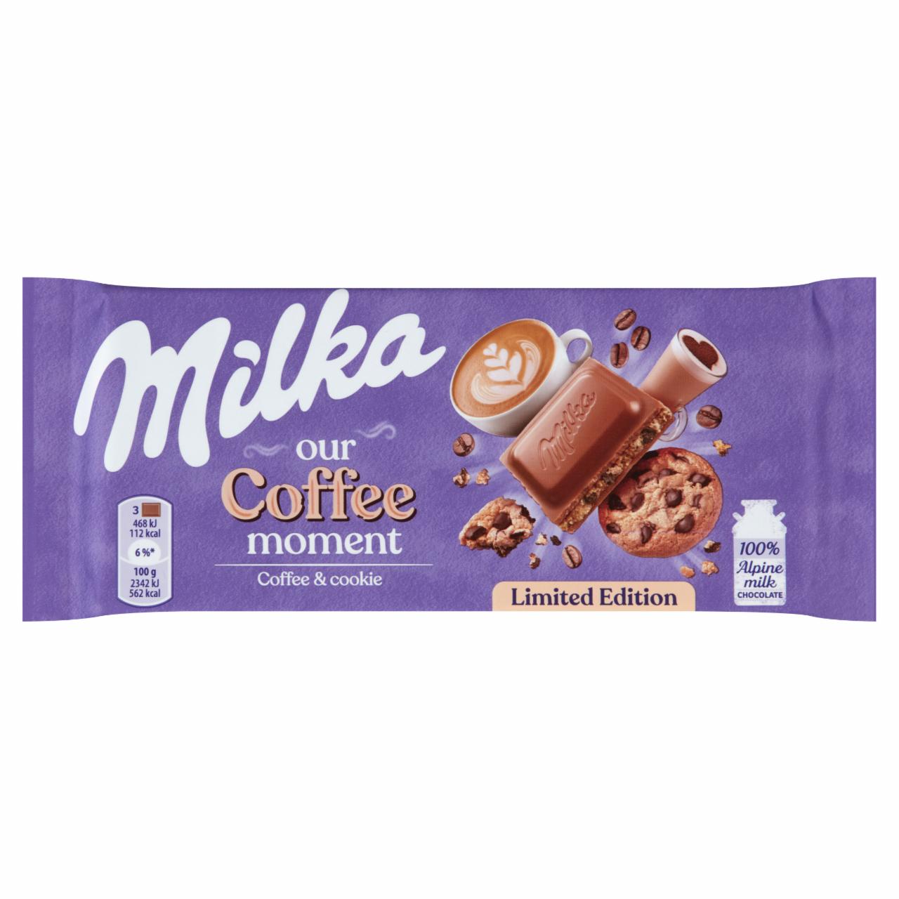 Képek - Milka alpesi tejcsokoládé kávéízű krémtöltelékkel és csokoládédarabos kekszdarabokkal 100 g