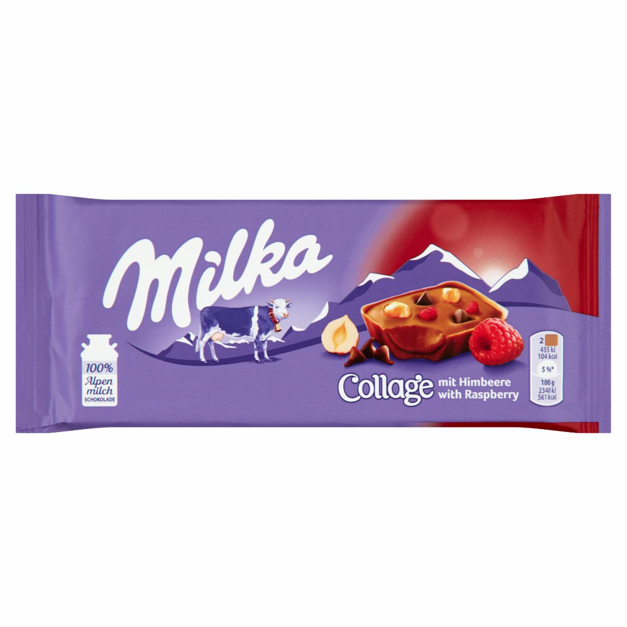 Képek - Milka Collage desszert kakaós krémmel, alpesi csokoládéval, mogyoródarabokkal és málnával 93 g