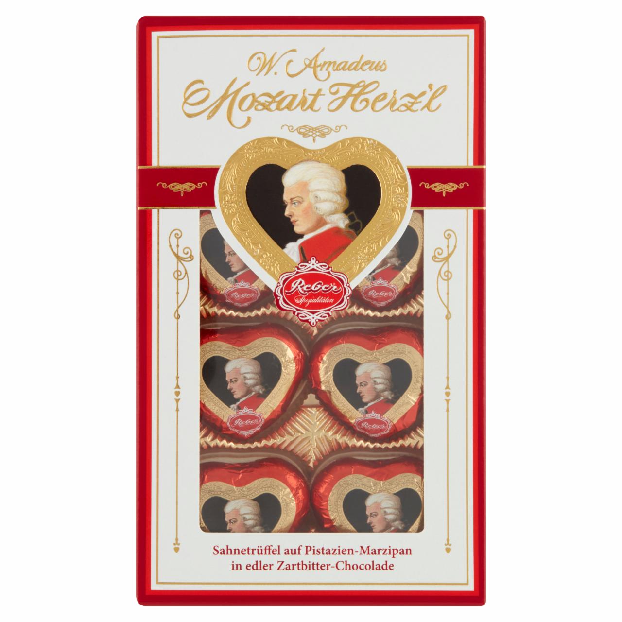 Képek - Reber Mozart Herz'l praliné étcsokoládéban, pisztácia-marcipánnal és trüffel töltelékkel 80 g