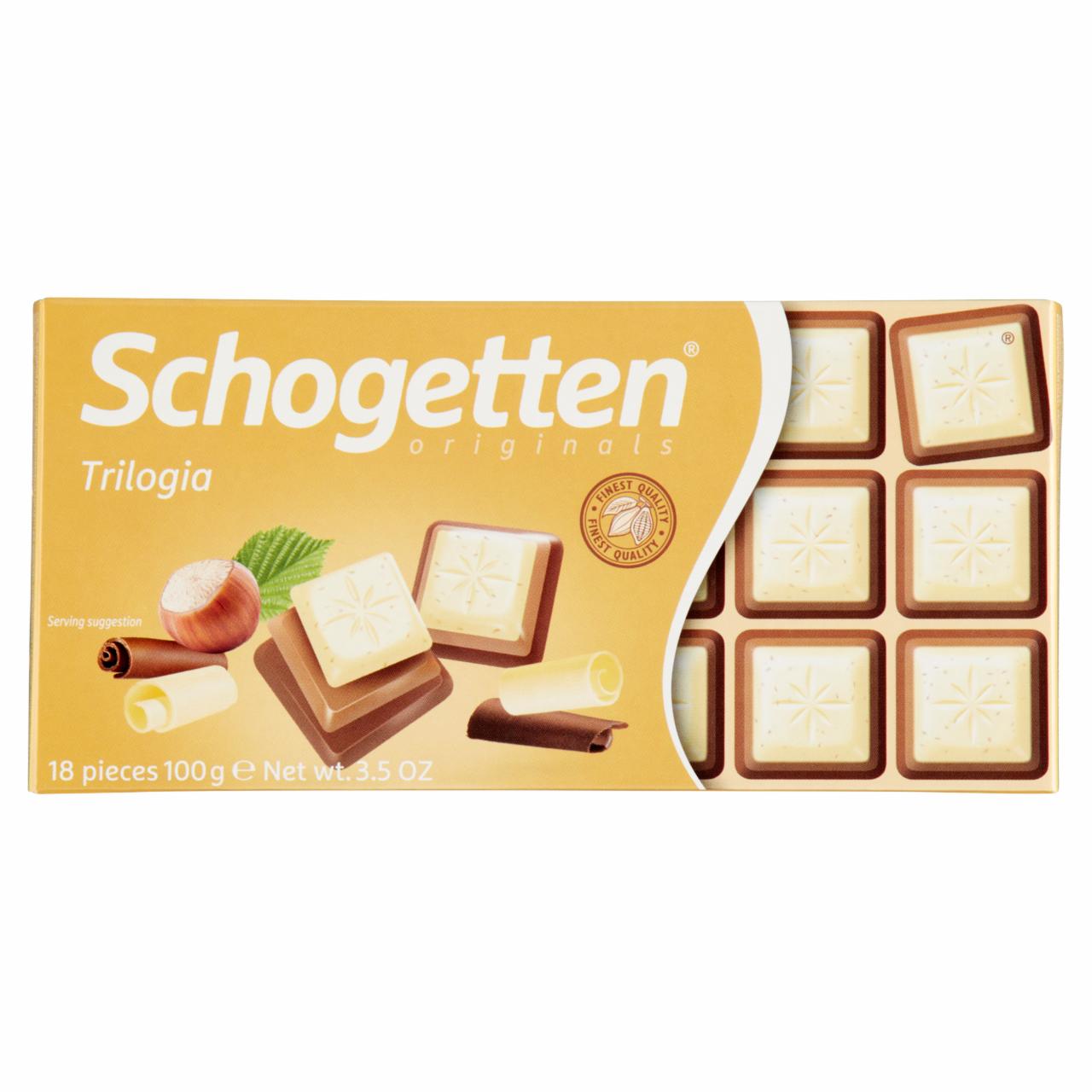 Képek - Schogetten Trilogia fehér csokoládé karamellizált mogyoróval, tejcsokoládén 100 g