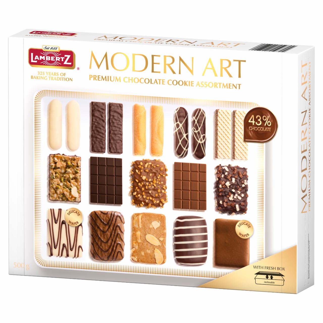 Képek - Lambertz Modern Art kekszválogatás étcsokoládéval, tejcsokoládéval és fehércsokoládéval 500 g