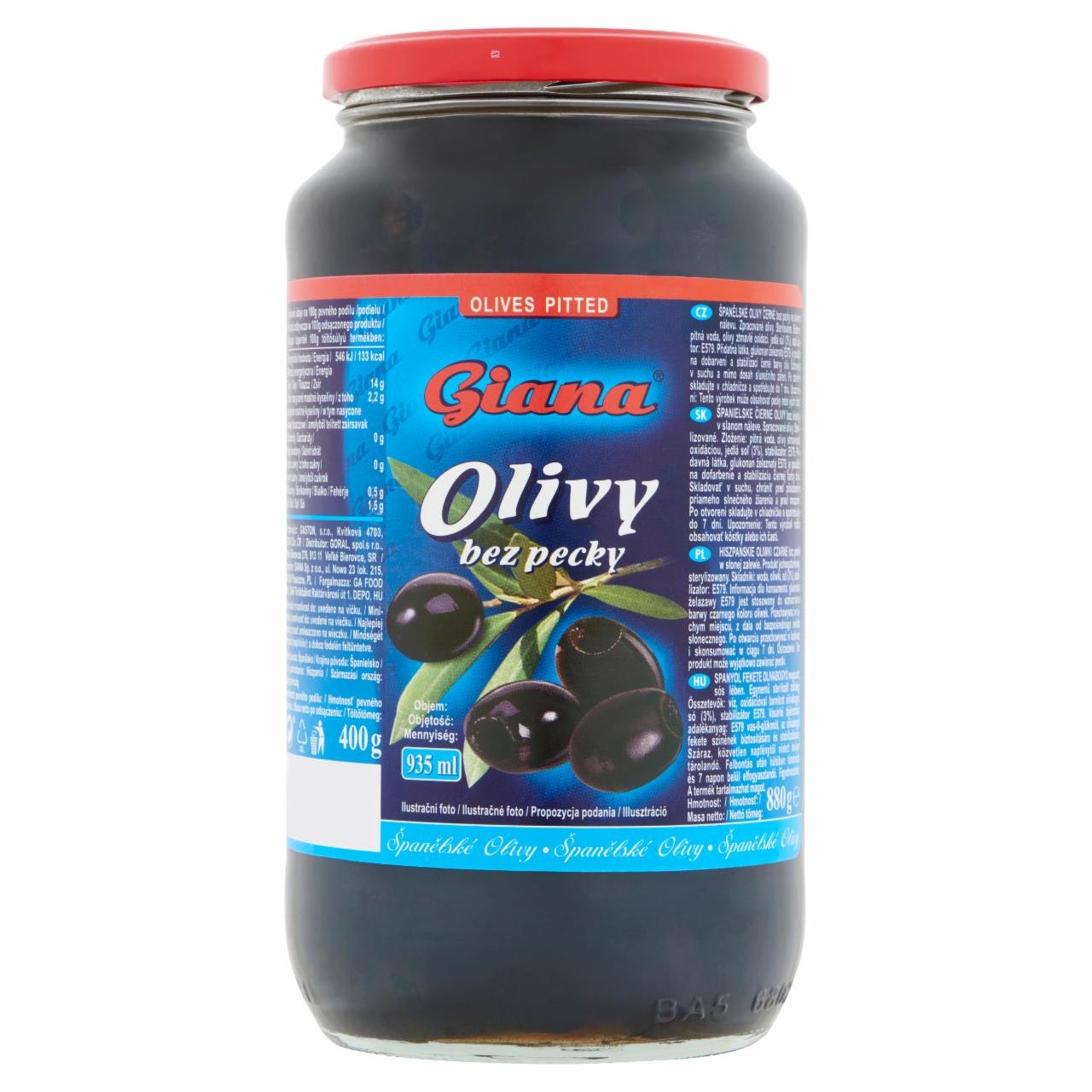Képek - Giana spanyol fekete magozott olívabogyó sós lében 880 g