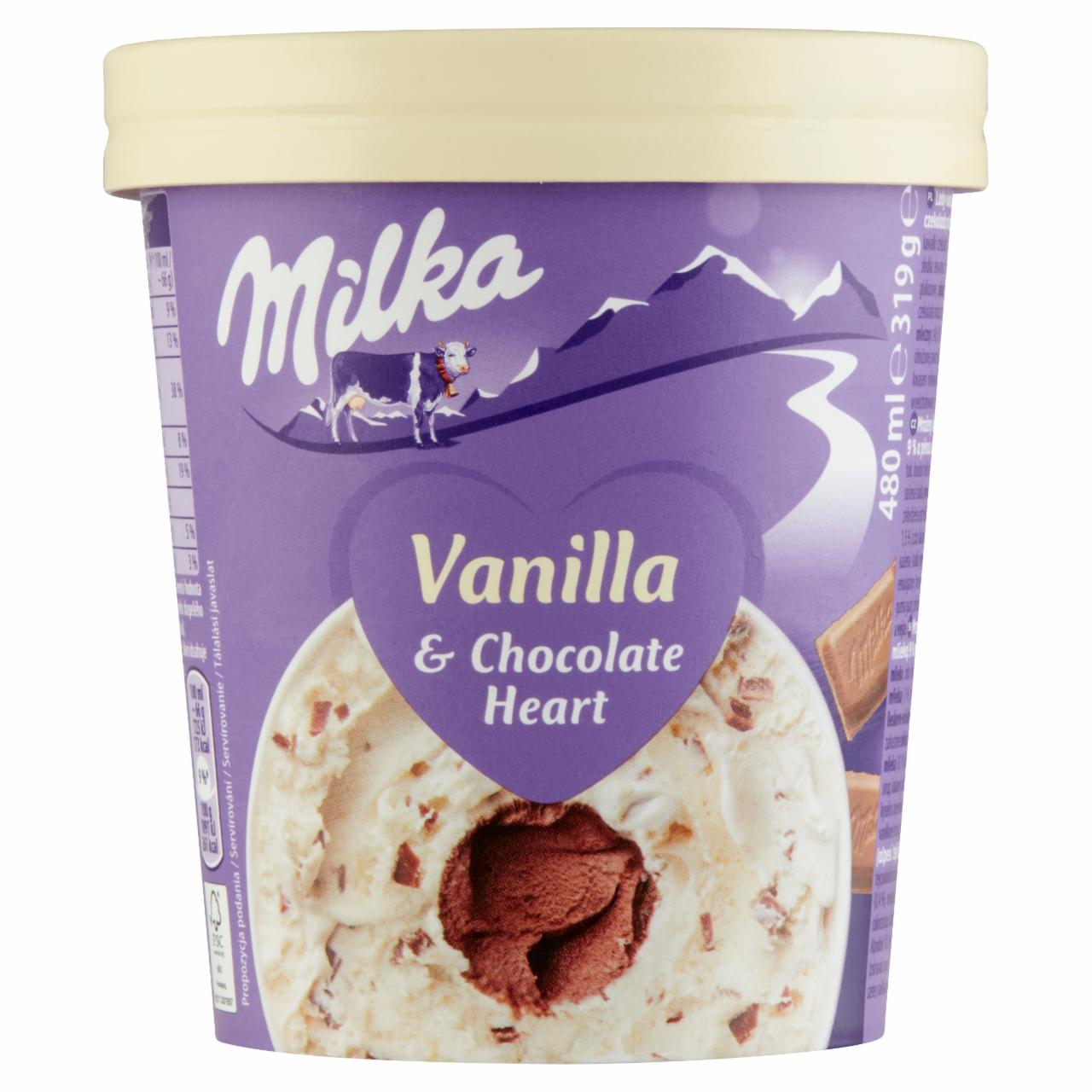 Képek - Milka vanília jégkrém tejcsokoládé darabokkal és tejcsokoládé öntettel 480 ml