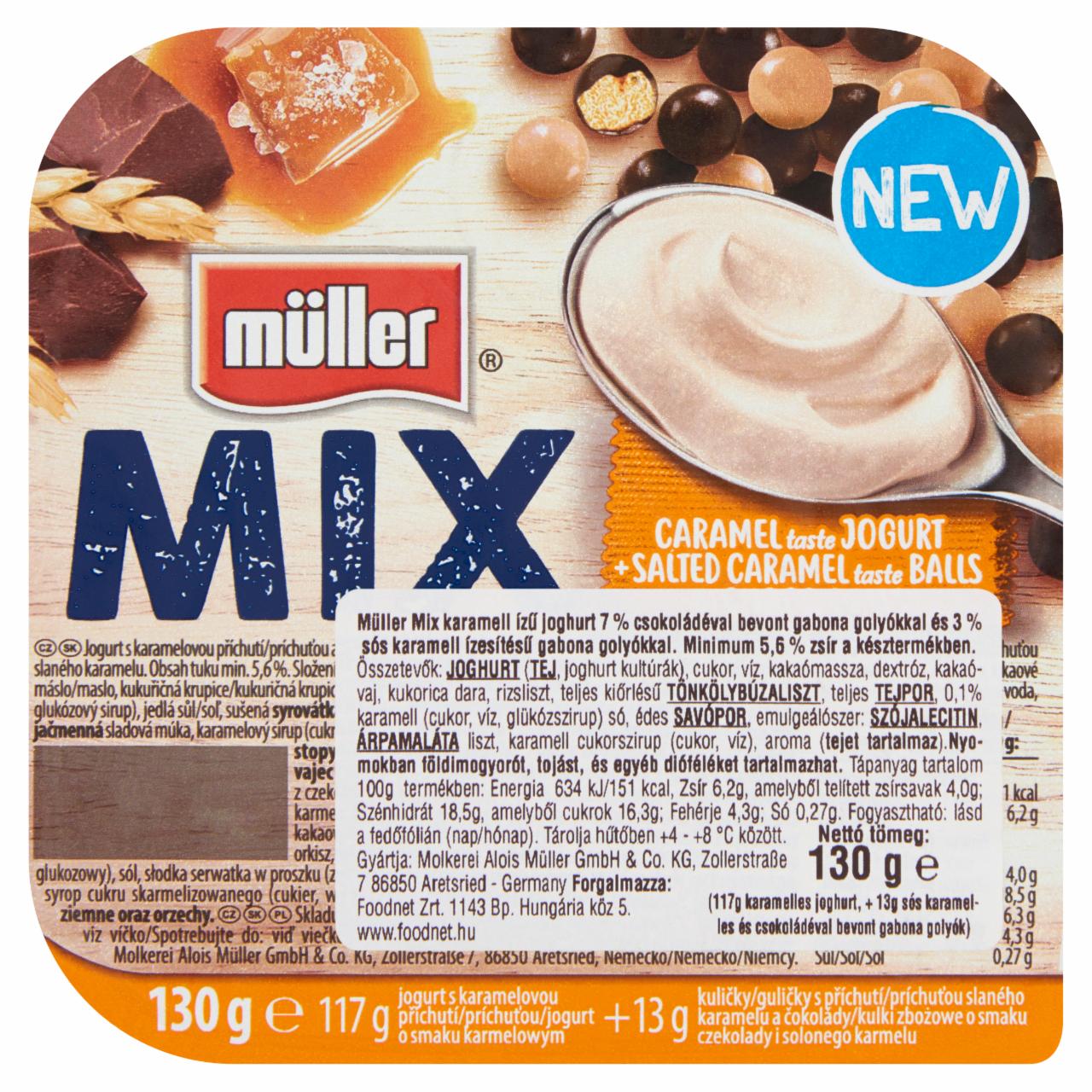 Képek - Müller Mix karamell ízű joghurt csokoládéval bevont és sós karamell ízesítésű gabona golyókkal 130 g