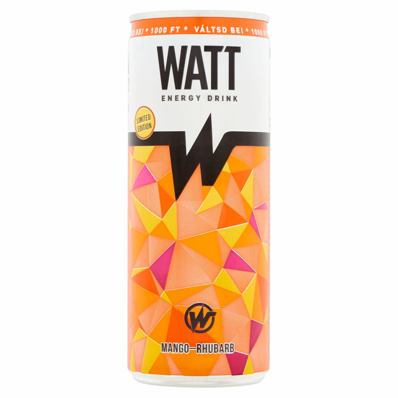 Képek - Watt koffein és vitamintartalmú mangó-rebarbara ízű szénsavas energiaital 0,25 l