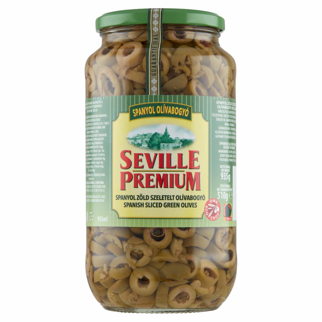 Képek - Seville Premium spanyol zöld szeletelt olívabogyó sós lében 935 g
