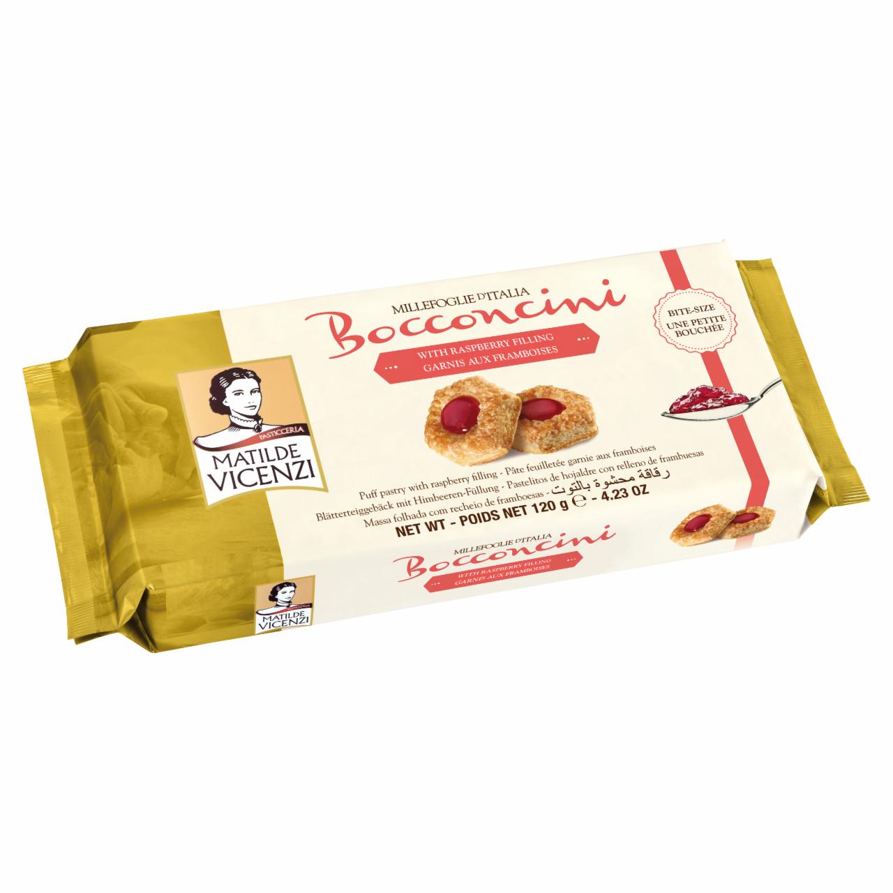 Képek - Vicenzi Bocconcini Raspberry olasz leveles tésztából készült sütemények málnás krémmel 16 db 120 g