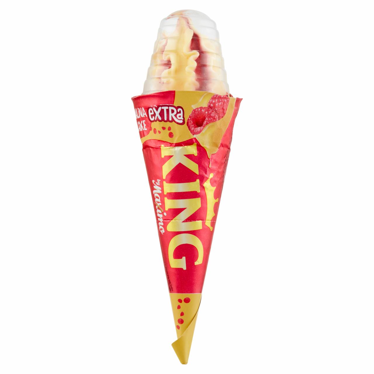 Képek - King piskóta és sárgakrém ízű jégkrém, málnadarabokkal, málna és fehércsokoládé ízű öntettel 220 ml
