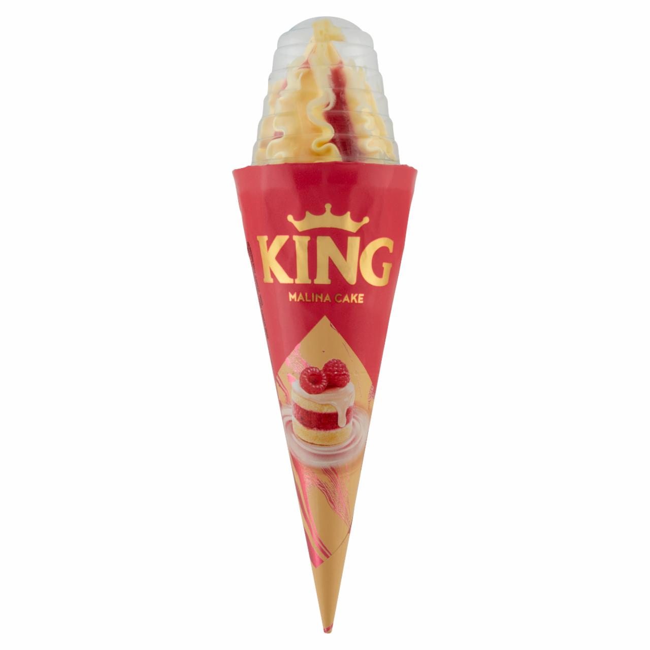 Képek - King piskóta és sárgakrém ízű jégkrém, málnadarabokkal, málna és fehércsokoládé ízű öntettel 220 ml